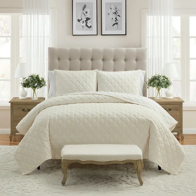 My Texas House Charlotte 3-piece Trellis Velvet Quilt Set, Full/Queen, Off White | Walmart (US)