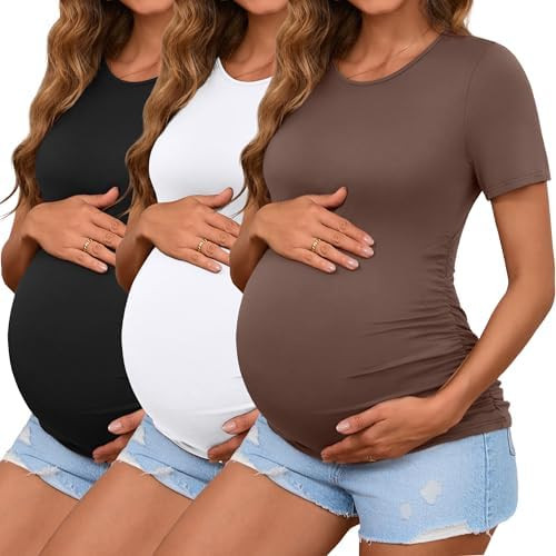Ficerd 3 Pack Women's Maternity T-Shirts, Short Sleeve Maternity Tops Comfy Crew Neck Side Ruched... | Amazon (US)