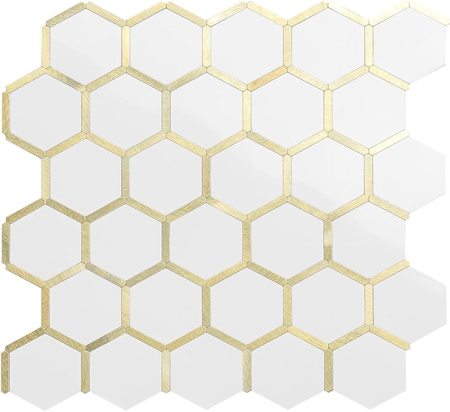 DICOFUN 10-Sheet Hexagon Peel and Stick Backsplash Tile, Polished White Tile Look Mixed Light Gol... | Amazon (US)