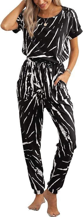 PRETTYGARDEN Women’s Short Sleeve Tie Dye Long Pajamas Set One Piece Jumpsuit Loose Sleepwear N... | Amazon (US)