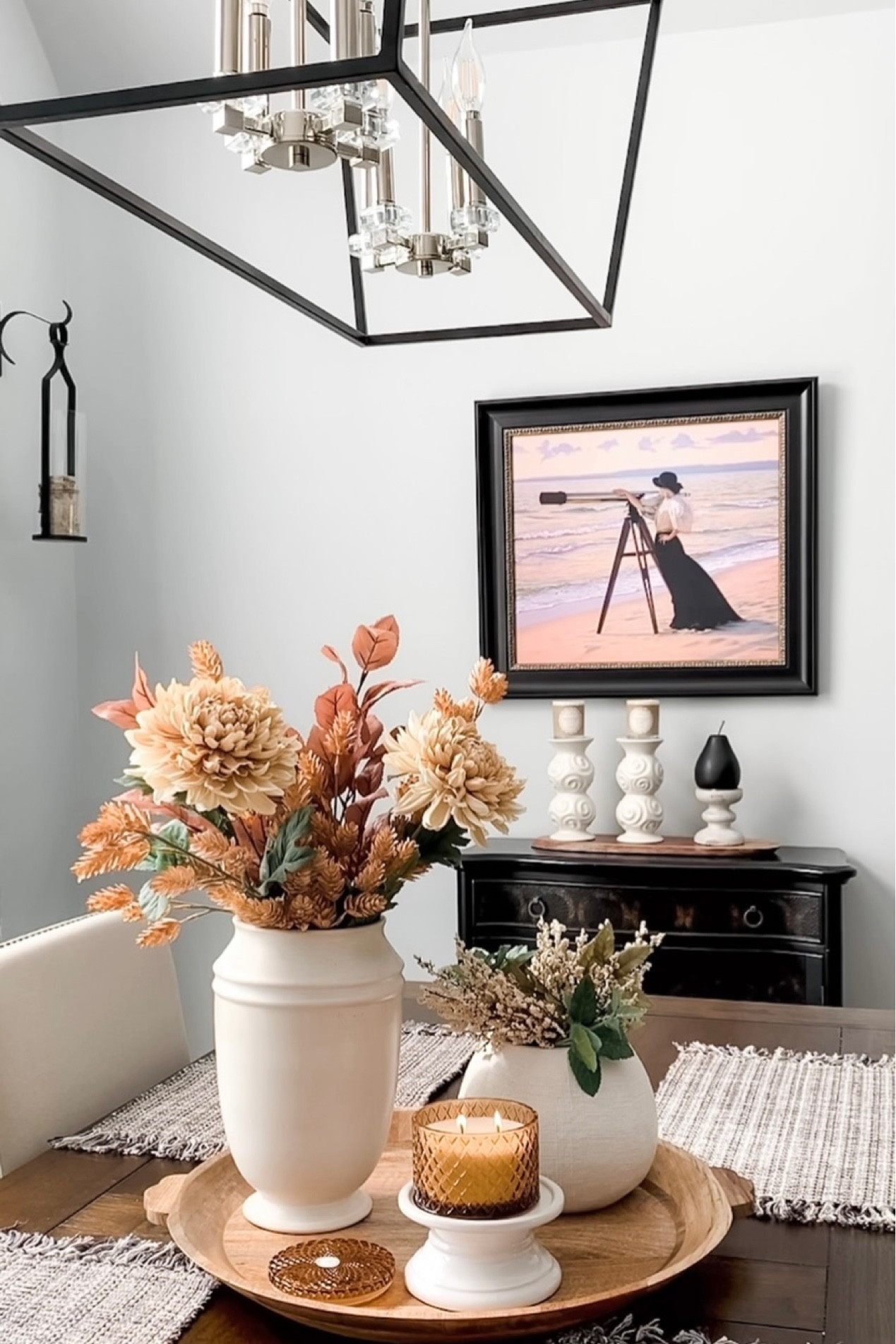 Fall styling with neutral fall florals, cream white vase, white textured vase, favorite round wood tray, fall candle. Black chandelier, black side cabinet, wall sconce on sale, fragrant candle, artwork, Hearth and Hand, Studio McGee, Amazon home, Michaels, Anthropologie home, Kirkland’s Home. Wayfair. Home decor accessories. Free shipping. 


#LTKhome #LTKSeasonal #LTKunder50
