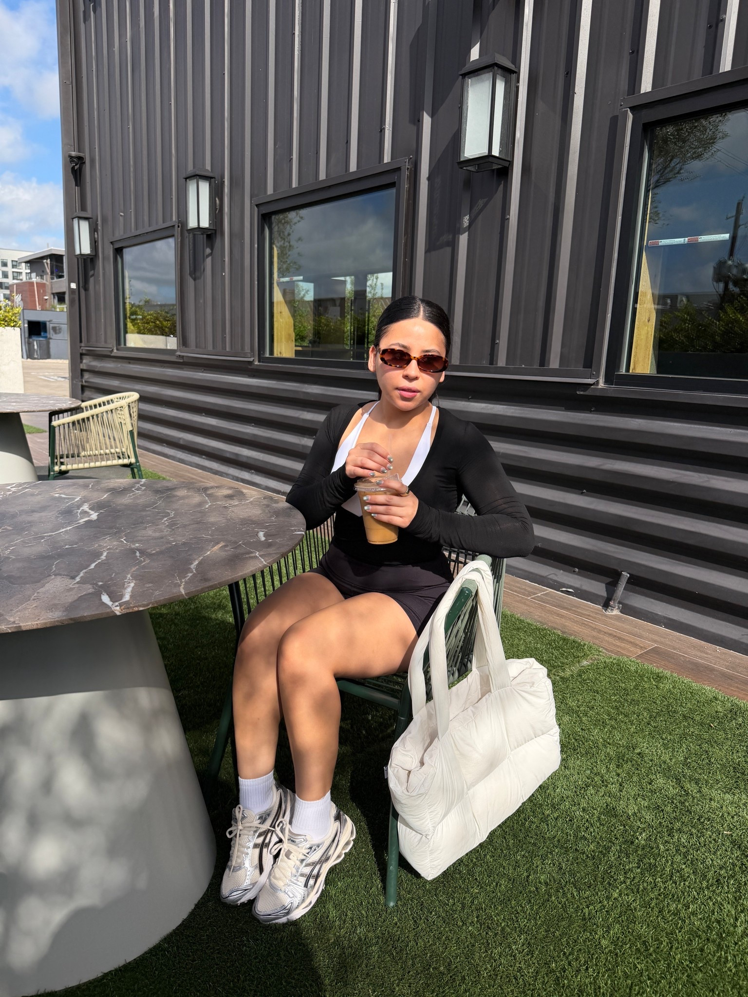 Sports bra: small
Biker shorts: small
Wrap top: small
White socks 
Sneakers: 6.5 women 
Puffer tote gym bag 
Tortoise sunglasses 

#LTKootd #LTKActive #LTKgrwm