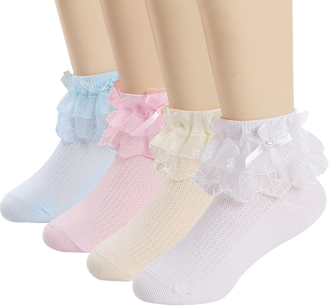 5 Pairs Toddler Baby Girls Ruffle Lace Trim Socks with Bow Frilly Eyelet Mesh Princess Ankle Dres... | Amazon (US)