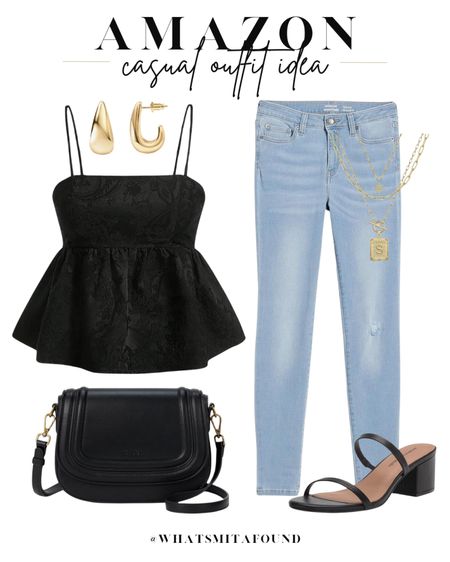 Amazon outfit idea, casual outfit idea, summer outfit idea, peplum top, black peplum top, trendy peplum top, skinny jeans, light wash skinny jeans, high wash skinny jeans, heeled sandals, black sandals, block heel sandals, black purse, crossbody purse, designer inspired purse, layered necklaces, initial necklaces, gold hoops, chunky hoops 

#LTKshoecrush #LTKfindsunder50 #LTKitbag