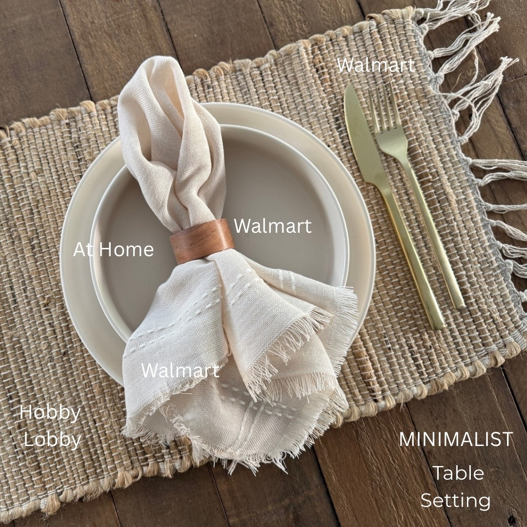 Minimalist Table Setting 🌿✨

Transform your dining experience with a serene, minimalist table setting that embraces wood and neutral colors. Here’s how I styled it using items from Walmart, At Home, and Hobby Lobby!

🛒 Shop the Look:
1. **Tableware**: Simple off white plates from @At Home for a clean backdrop.
2. **Cutlery**: Sleek, matte gold utensils from @Walmart for a modern touch.
3. **Napkins**: Soft cotton napkins in a muted tone from @Walmart

📝 Tips for a Minimalist Look:
- Stick to a neutral color palette to keep it calming.
- Use natural materials like wood and linen to add warmth.
- Keep decorations simple; let the beauty of the materials shine.

💡 **Pro Tip**: Layer your textures—mix smooth and rough surfaces to create visual interest without clutter.

