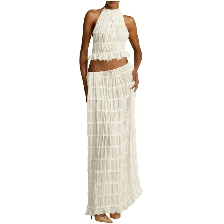 ZQUUVOU Women's 2 Piece Halter Neck Set Sleeveless Tops with Low Back Tied Maxi Skirt for Vacatio... | Walmart (US)