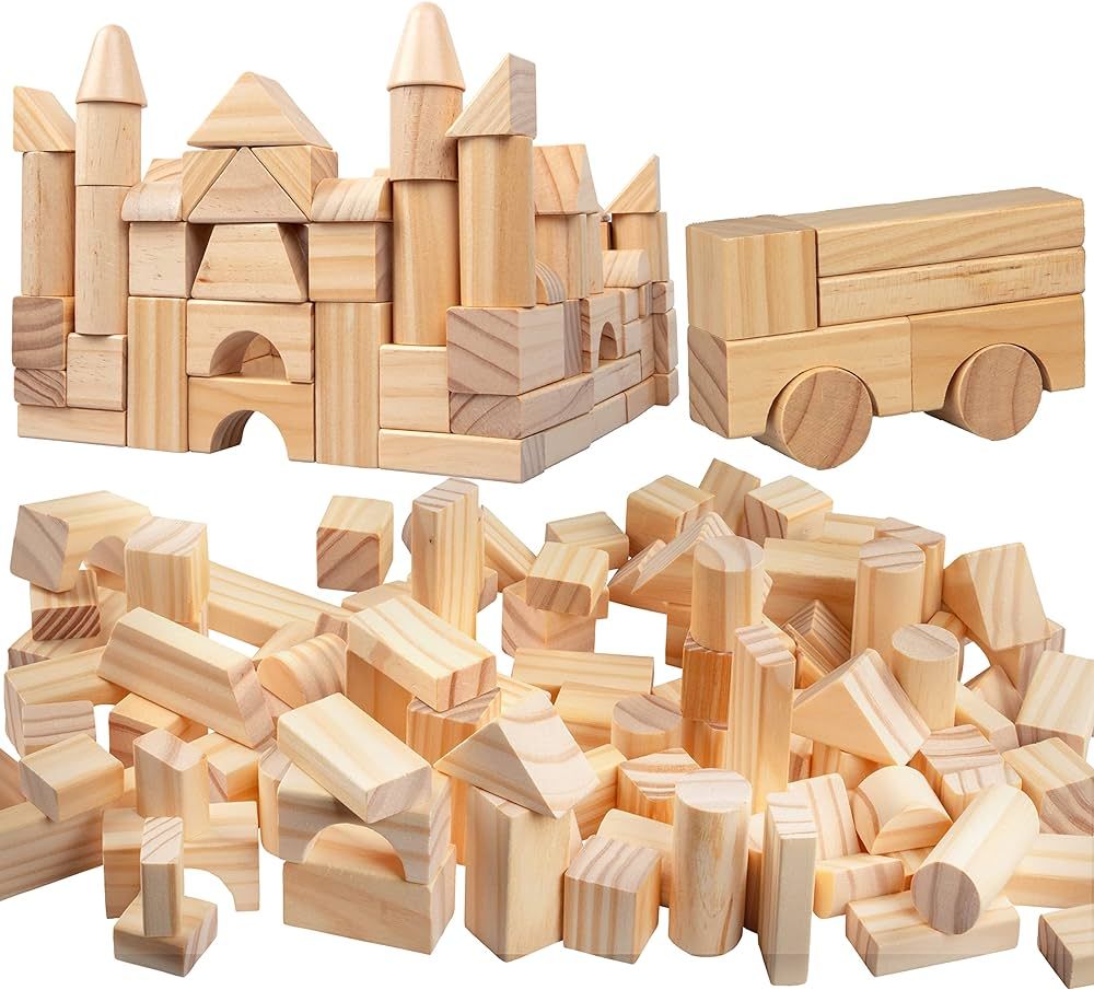 Wooden Blocks Set - 100 Pc Natural Colored Wood Building Block Toys - 100% Real Wood, 14 Differen... | Amazon (US)
