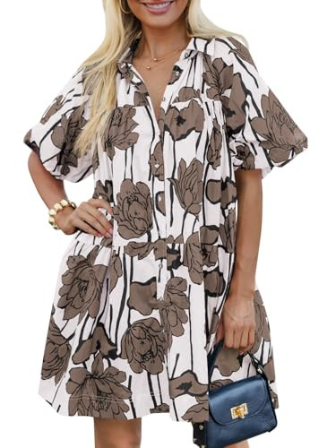 Wenrine Women's Summer Button Down Shirt Dress Floral Puff Short Sleeve Casual Loose Fit Beach Mi... | Amazon (US)