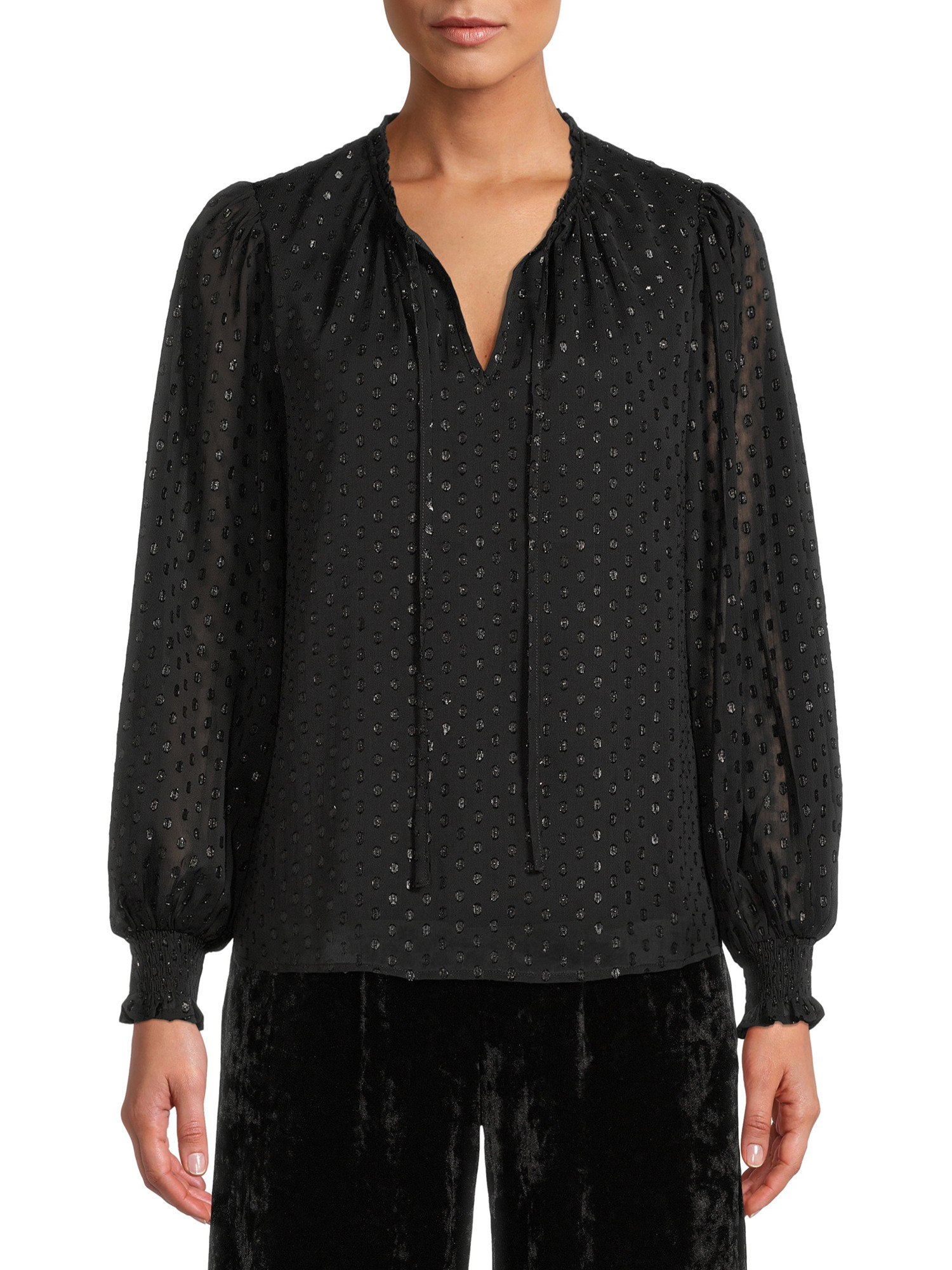 The Get Women's Ruffle Neck Top with Puff Sleeves - Walmart.com | Walmart (US)