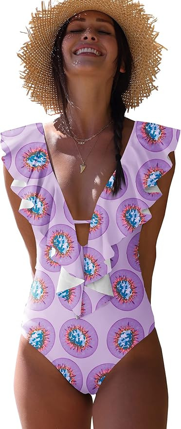 SPORLIKE Women One Piece Swimsuit V-Neck Ruffle Bathing Suit Padded Monokini | Amazon (US)