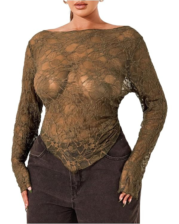 WDIRARA Women's Plus Size Sheer Lace T Shirt Asymmetrical Boat Neck Long Bell Sleeve Tee Tops | Amazon (US)