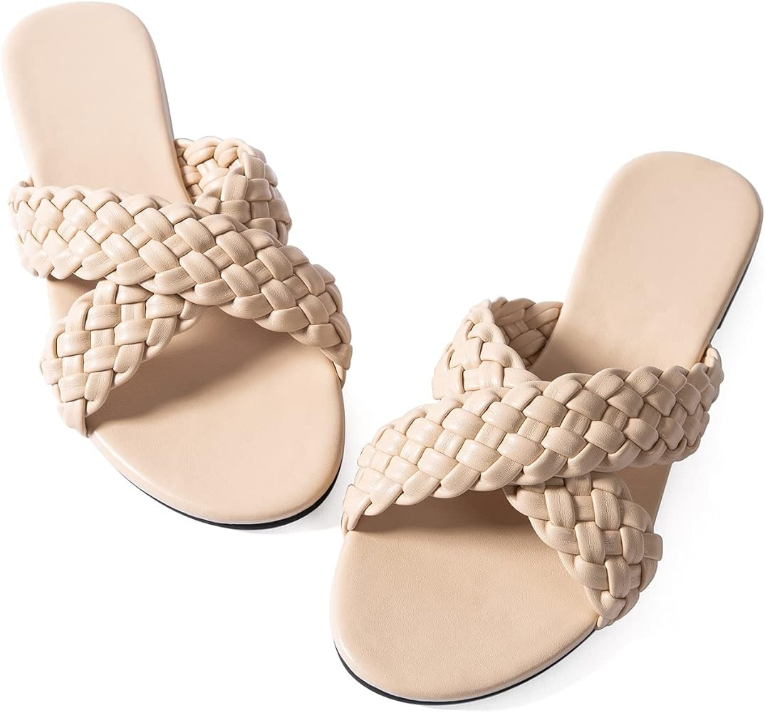 Women Flat Sadals Woven Leather Crossover Braided Fashion Sandals Flat Dressy Flip-Flops | Amazon (US)