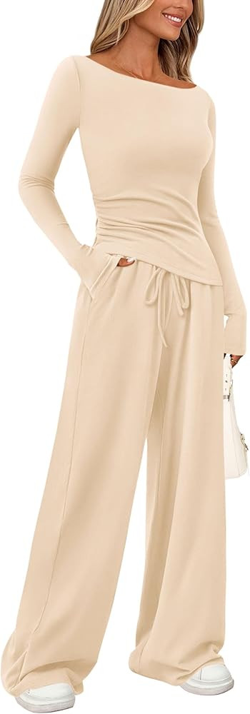 PRETTYGARDEN Women's 2 Piece Lounge Sets Asymmetrical Long Sleeve T Shirt Wide Leg Pants Casual O... | Amazon (US)