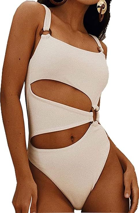 Women's One Piece Swimsuit Ring Cut Out Front High Cut Cheeky Bathing Suit Monokini Swimwear | Amazon (US)
