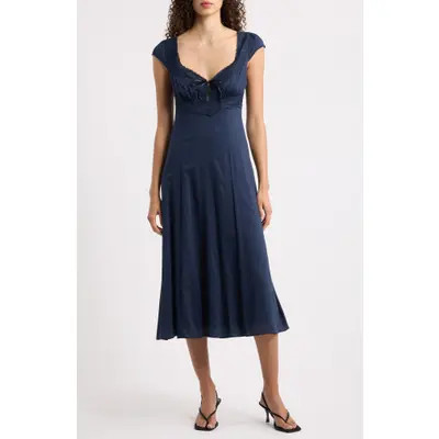 Reformation Azelie Lace Trim Midi Dress in Midnight at Nordstrom, Size 10 | Nordstrom