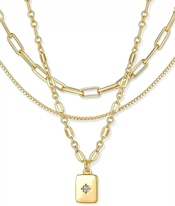 YEEZII Layered Gold Necklaces for Women Trendy, 3 Pcs 14K Gold Plated Choker Paperclip Box Chain ... | Amazon (US)