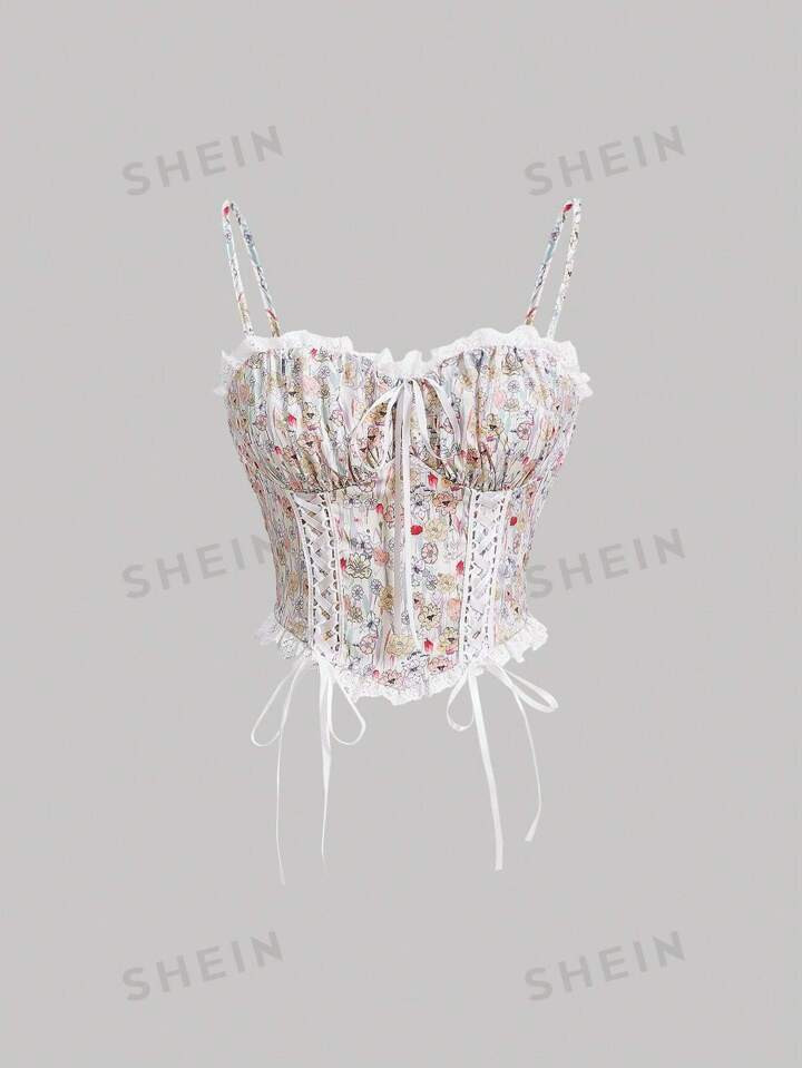 SHEIN MOD Ditsy Floral Print Lace Up Front Cami Top | SHEIN