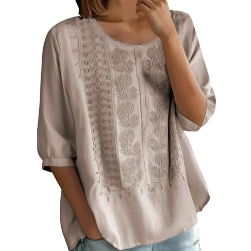 Embroidered Tops for Women Spring 3/4 Sleeve Boho Cotton Linen Shirts Plus Size Ladies Loose Gauze Tunic Peasant Modest Seniors Mexican Blouses Casual Bohemian Teacher Clothes Summer 2026 Brown | Amazon (US)