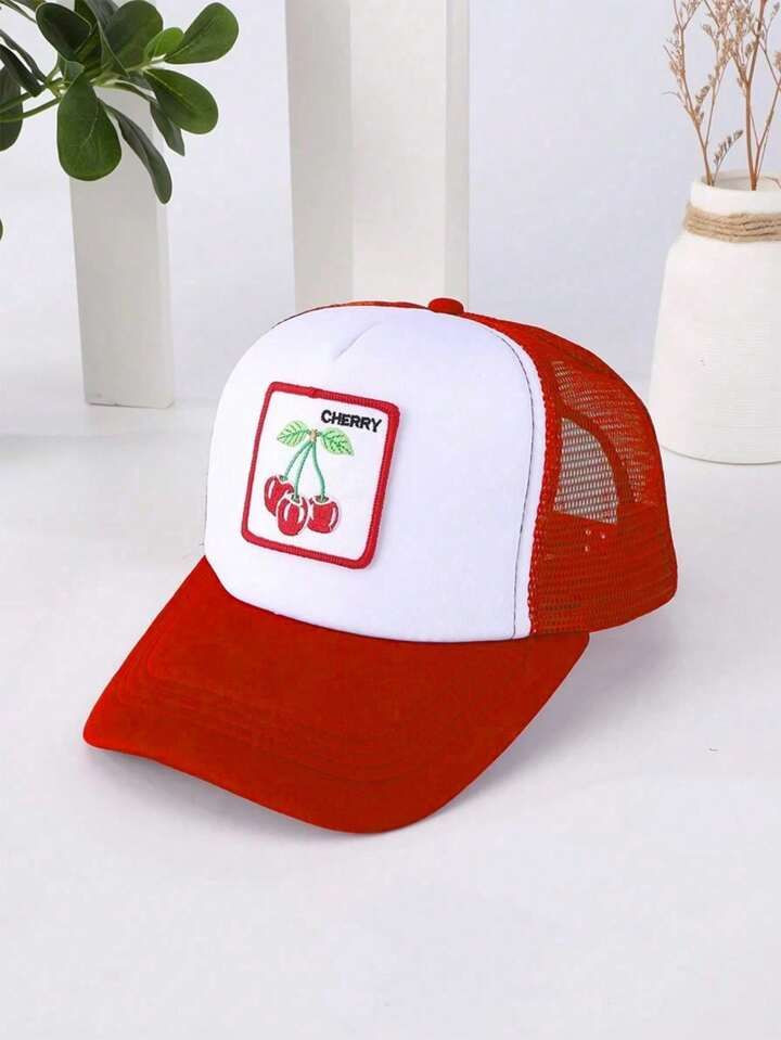 1pc Embroidered Cherry Patchwork Ponytail Trucker Cap, Outdoor Adjustable Sun Hat For Spring Autu... | SHEIN