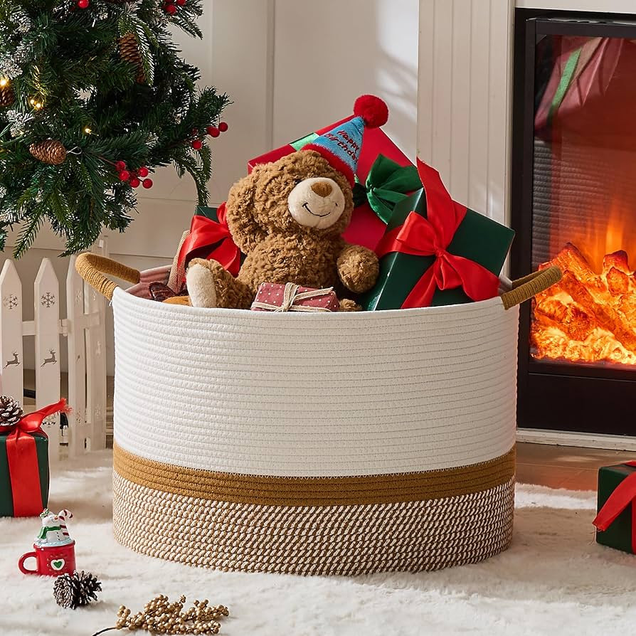 KAKAMAY Large Blanket Basket (20"x13"),Woven Baskets for storage Baby Laundry Hamper, Cotton Rope... | Amazon (US)