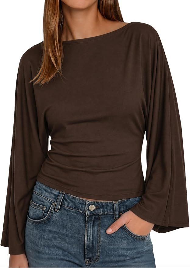 Cicy Bell Women Bell Long Sleeve Wrap Tops Tie Back Boat Neck T Shirt | Casual Trendy, Batwing Lo... | Amazon (US)