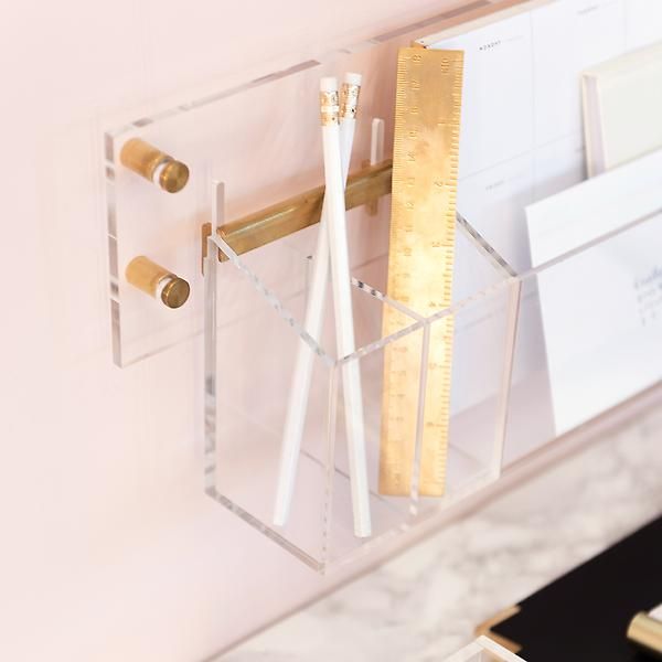 Russell + Acrylic Clear & Gold Wall Pencil Cup | The Container Store