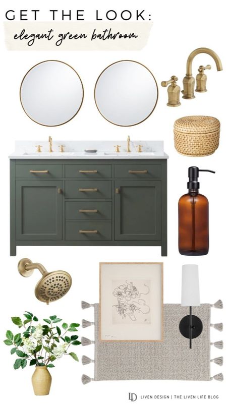 Green bath vanity. Bath decor. Bath storage. Brass round mirror. Vanity mirror. Gold brass Bath faucet. Bath fixtures. Soap dispenser. Bath mat. Botanical art. 

#LTKSeasonal #LTKHome #LTKSaleAlert