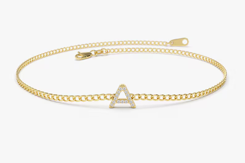 Initial Bracelet / 14k Gold Diamond Initial Curb Bracelet / 2MM Curb Bracelet with a Diamond Init... | Etsy (US)