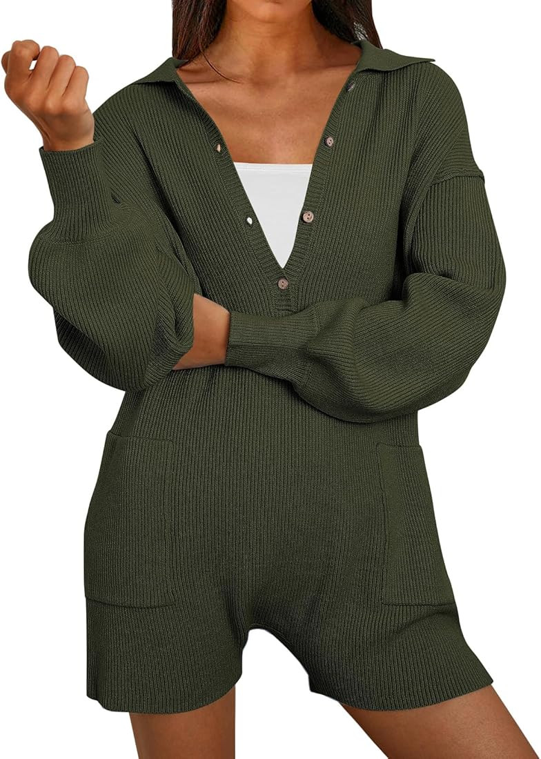 LILLUSORY Women's Long Sleeve 2023 Knit Sweater Rompers Fall V Neck Outfits Button Down One Piece... | Amazon (US)