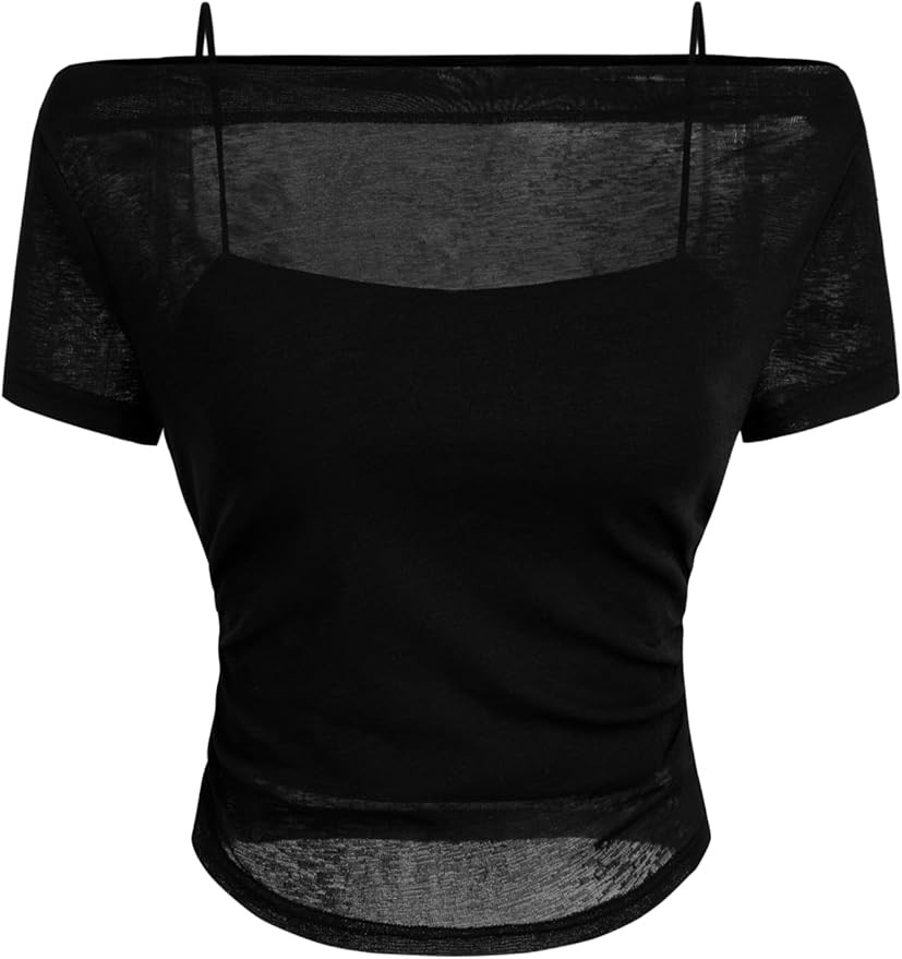 CIDER Off Shoulder Top Ruched Short Sleeve Tee Cami Knit Slim Fit Casual Going Out Boat Neck Tops | Amazon (US)