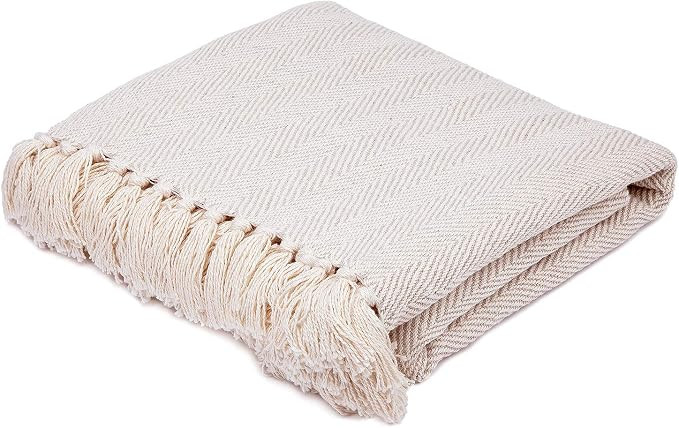 Americanflat Zaina Cream Herringbone Cotton Blanket Throw with Fringe - 50x60 Inches | Amazon (US)