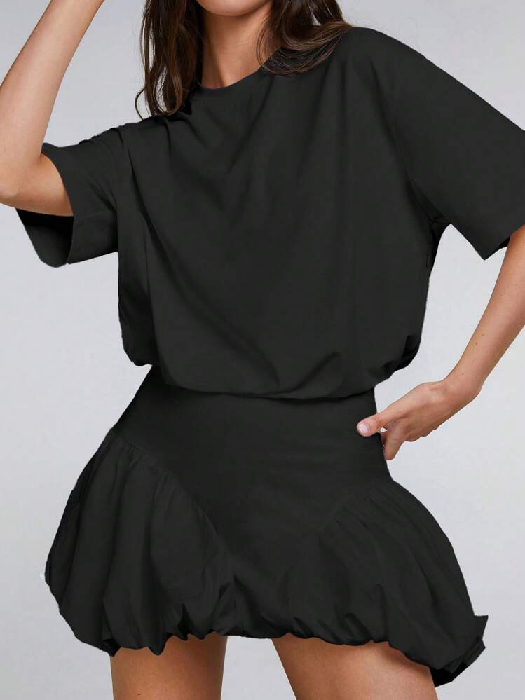 Athîral Women Solid Color Round Neck Short Sleeve Cinched Waist Mini Dress | SHEIN