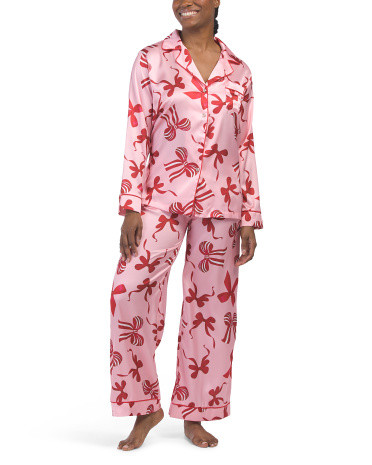 Satin Bow Print Notch Collar Pajama Set | TJ Maxx