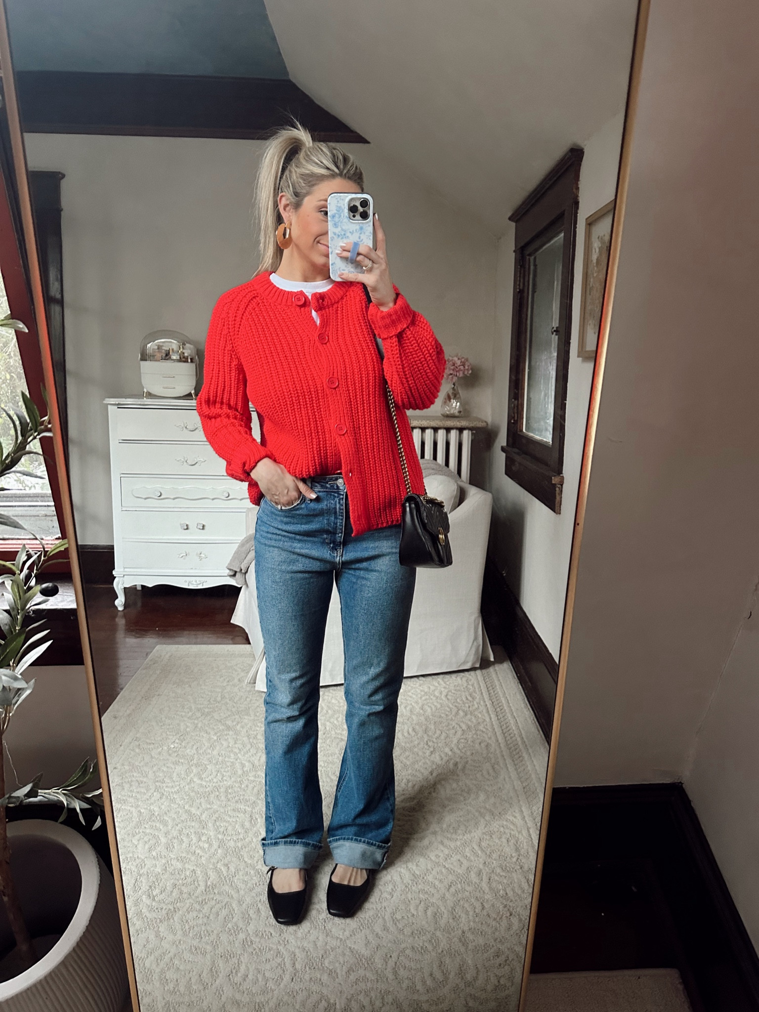 Red amazon sweater cardigan, size m
Black Mary Jane shoes
Jeans are old from red dress