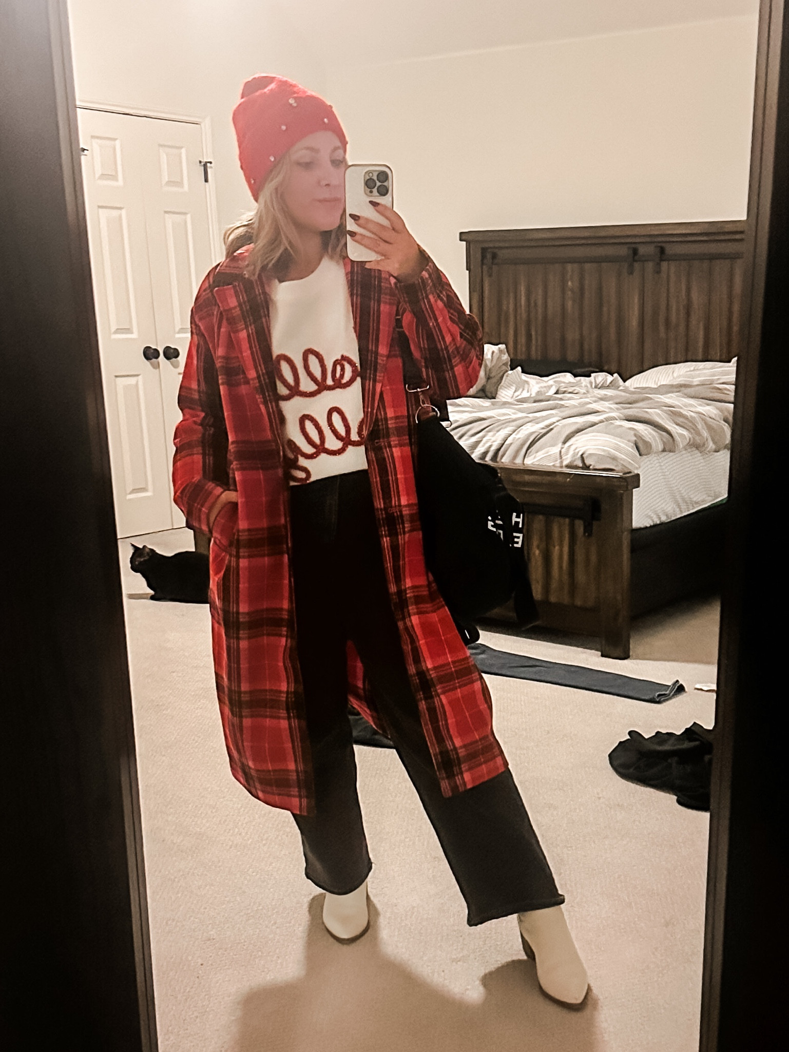 Cozy Christmas outfit with brushed beanie with rhinestones, BiBi tinsel sweater that says holly jolly, red and pink plaid coat and black wide-leg jeans. White booties to top it all off. What to wear for casual Christmas outting, cozy festive look, holiday outfit idea 

#LTKstyletip #LTKHoliday #LTKSeasonal