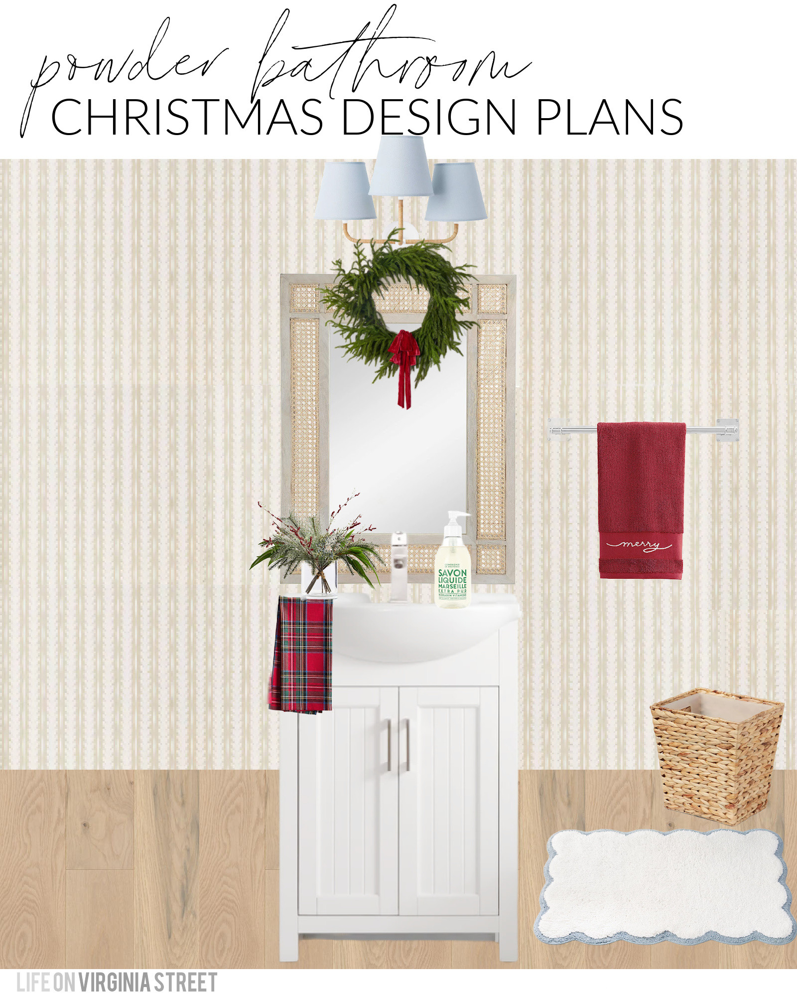 Our coastal Christmas powder bath design plans! We recently just wallpapered our powder bath in this gorgeous Serena & Lily wallpaper, so for Christmas, I just want to add a simple evergreen wreath, red plaid hand towel, Merry towel, rosemary handsoap, a juniper and berry arrangement, and red velvet bows! See all of my 2024 Christmas design plans here: https://lifeonvirginiastreet.com/2024-christmas-design-boards/ #ltkholiday #ltkhome #ltksalealert #ltkfindsunder50 #ltkfindsunder100 #ltkstyletip #ltkseasonal 

 #LTKHoliday #LTKSeasonal #LTKHome