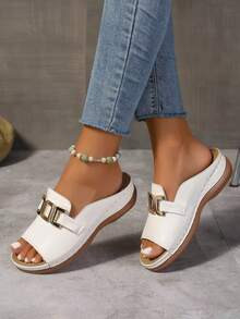 LocalWomen's Solid Color Wedge Sandals With Metal Chain Design,Open-Toe Platform Sandals,Outdoor ... | SHEIN