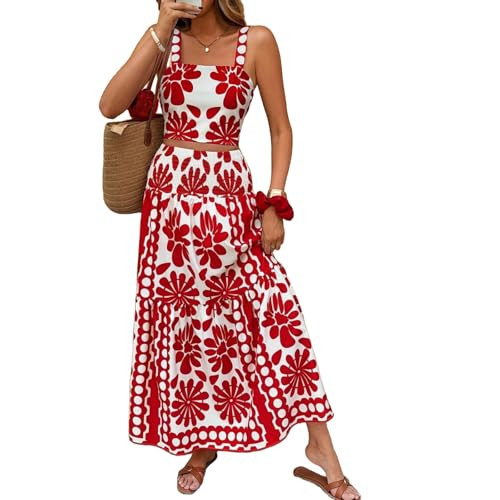 Amazon.com: Womens Floral Print Outfit Sleeveless Bohemian Vacation Beach 2 Piece Dress Set Summe... | Amazon (US)