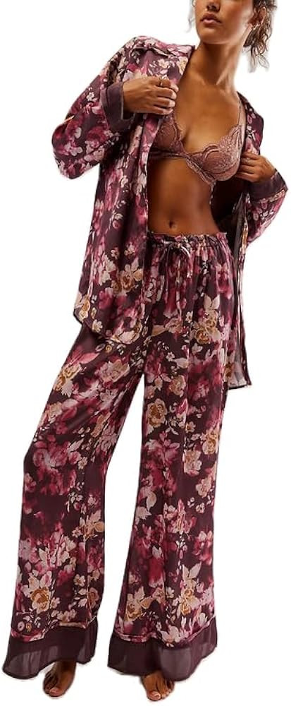 Womens Y2k Silk Pajama Sets Floral Print Long Sleeve Button Down Shirts Wide Leg Pants 2 Piece Lo... | Amazon (US)