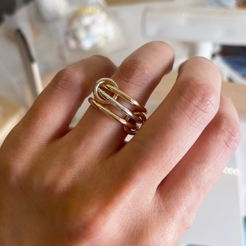 14KGF Two Tone Link Connected Rings, Interlocking Ring, Gold and Silver Statement Ring, Maximalis... | Etsy (US)