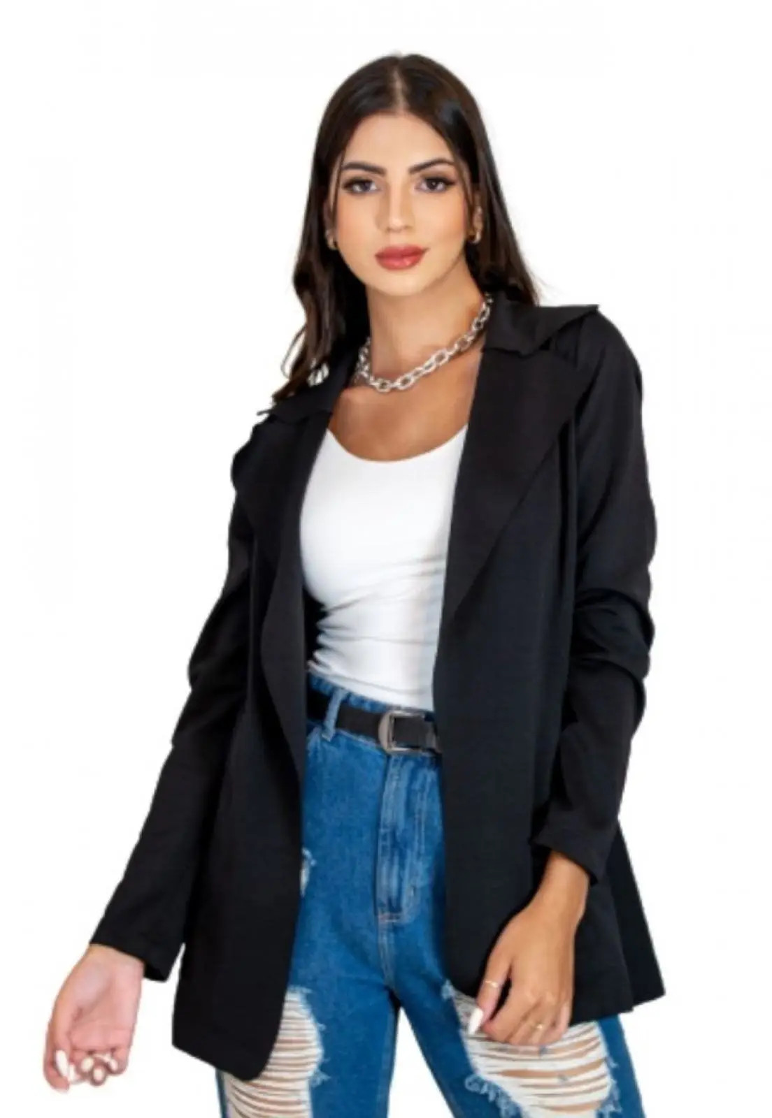 Blazer Feminino Alfataria Acinturado Dobra Dobrada Manga Longa Terninho Casaco Preto | Dafiti (BR)