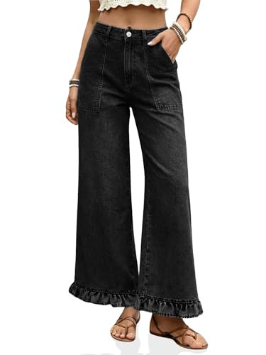 Cicy Bell Womens Ruffle Wide Leg Jeans Cropped High Waisted Baggy Trendy Denim Pants with Pockets | Amazon (US)
