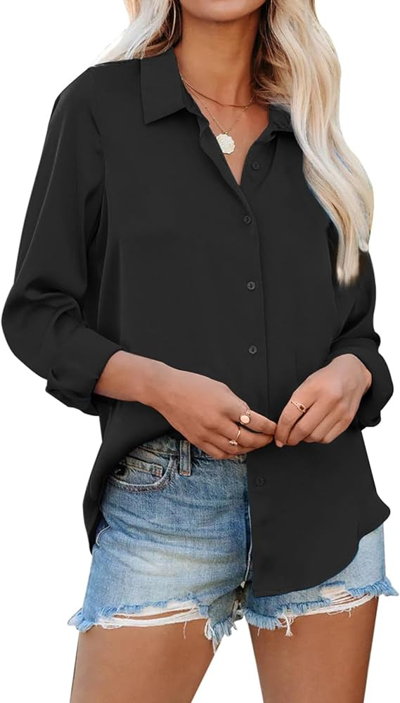 siliteelon Womens Button Down Shirts Solid Dress Shirts Long Sleeve Flowy Collared Work Office Bu... | Amazon (US)