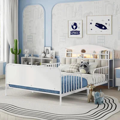 Metal Platform Bed Frame with Light, Kids Metal Bed with Upholstered and Storage Headboard | Wayfair North America
