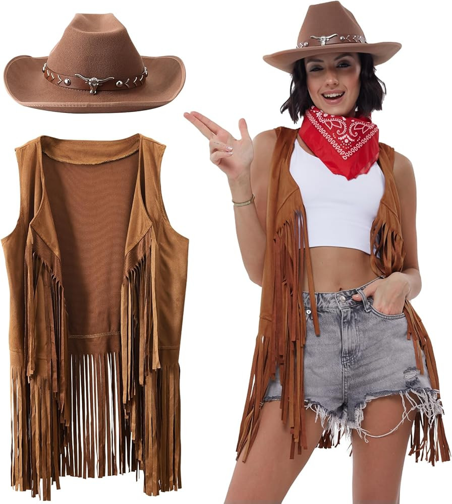 Western Outfits for Women Cowgirl Tassel Sleeveless Vest Cowboy Hat and Paisley Bandana | Amazon (US)