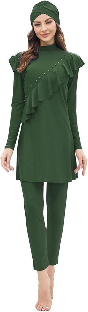 Women Burkini Swimsuits Modest Muslim Swimwear Islamic Ruffle Long Sleeve Full Cover Hijab Top Sw... | Amazon (US)