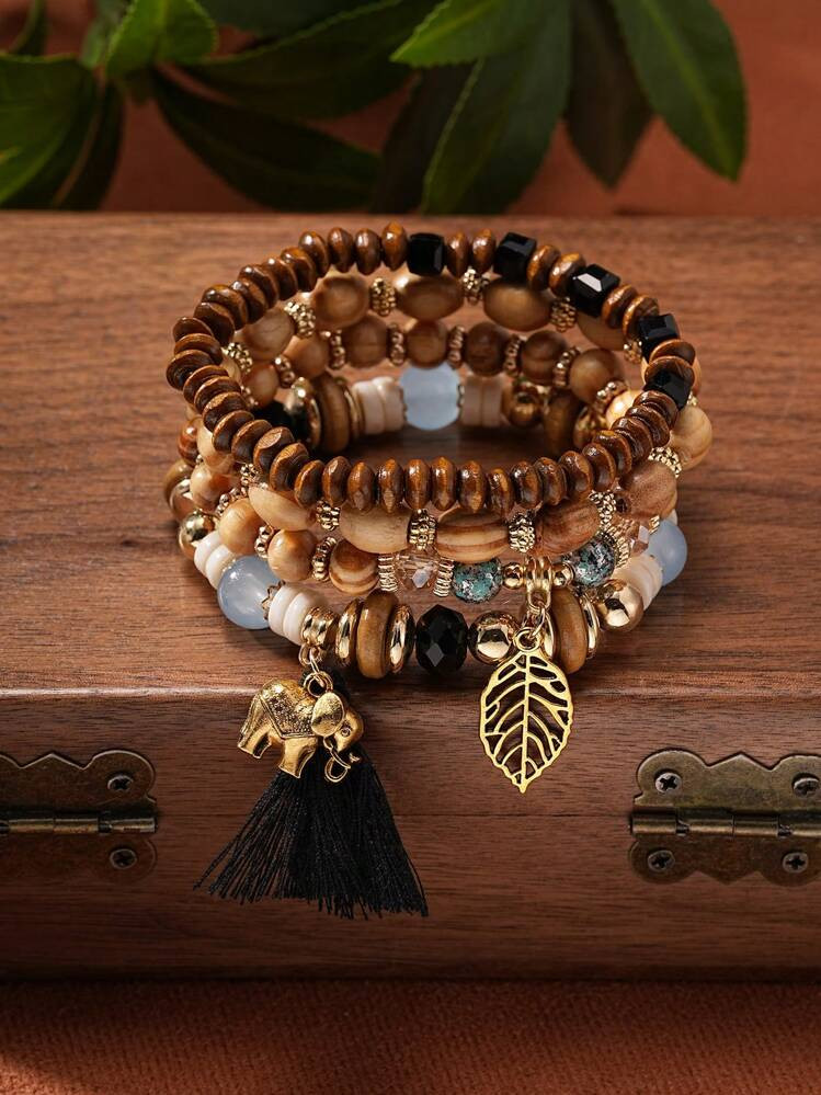 4pcs/Set Bohemia Style Elephant & Leaf Pendant Wood Bead Tassel Bracelet Set | SHEIN