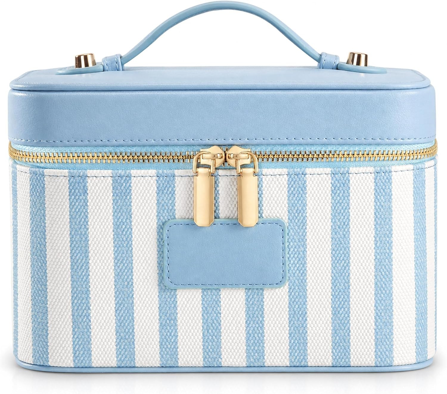 Makeup Bag Travel Toiletry Leather Cosmetic Case, Waterproof Makeup Organizer with Brush Holder, Wipe Clean Removable Divider Vanity Train Bag for Women, Misty Blue | Amazon (US)
