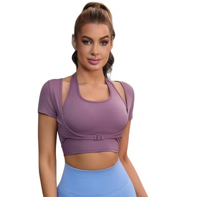 INSPIRE CHIC Women's Halter Neck Short Sleeve Workout Crop Front Closure Slim Fit Fitness T Shirt Purple Small | Target