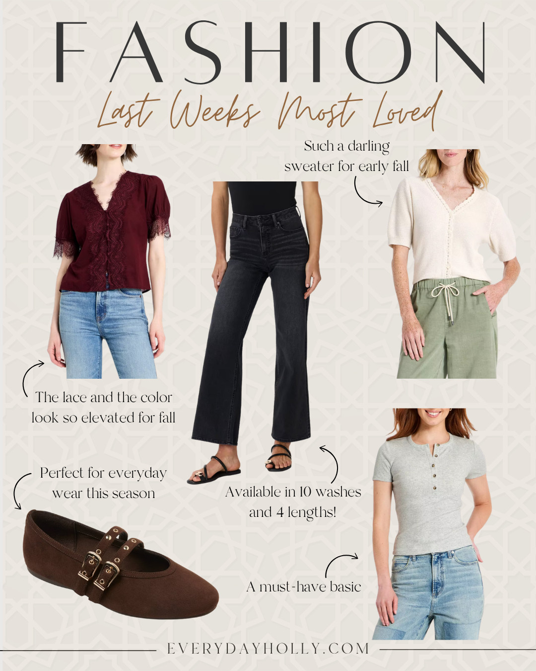 Last week’s most loved fashion finds 🤎 Fall colors, great denim, cute flats and tops that make getting dressed this season so much easier.

fall fashion finds, fall outfit ideas, women’s fall fashion, petite fashion, fall tops, black jeans, brown Mary Jane flats, early fall outfits, everyday fall style, fall wardrobe, EverydayHolly 

 #LTKgrwm #LTKootd #LTKSeasonal